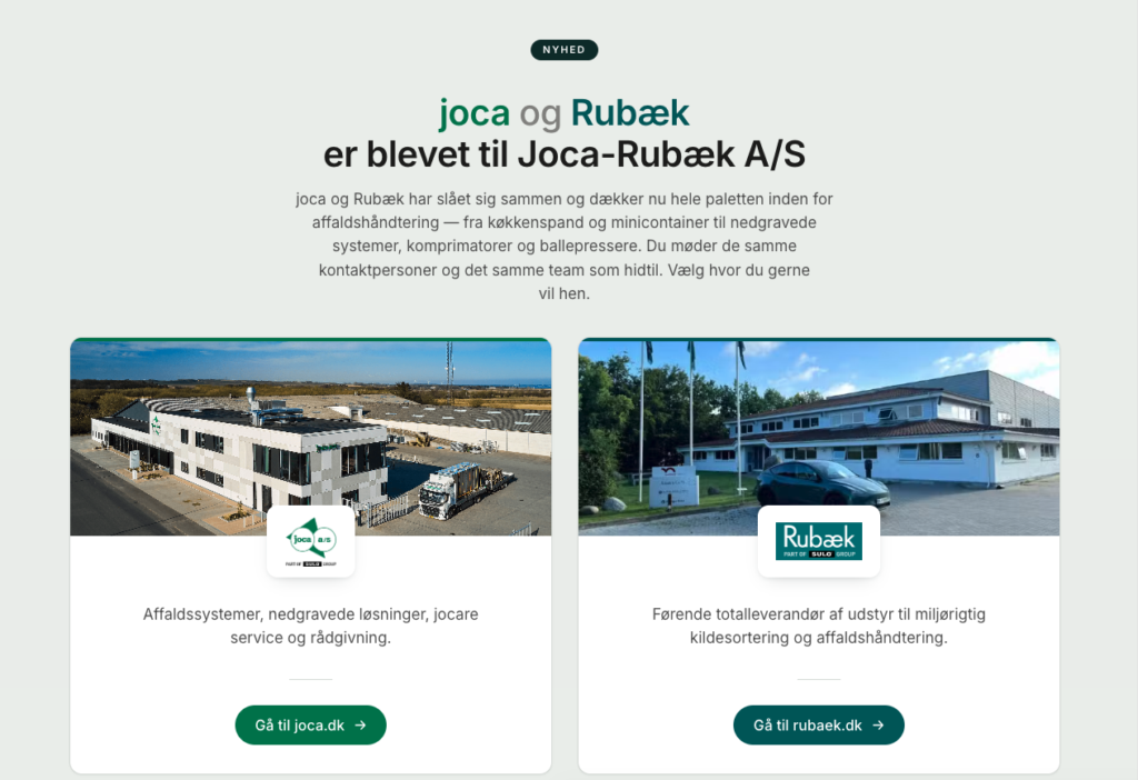 Forsiden af joca-rubaek.dk, den fælles indgang til joca.dk og rubaek.dk